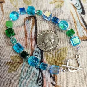 Cube Crystal Glass Ocean Blue Azure Green Faceted AB Signed 925 Toggle Bracelet